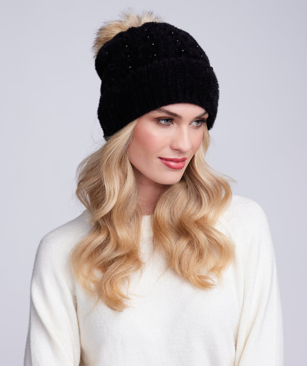 Alora - Black Soft Embellished Pom Pom Hat