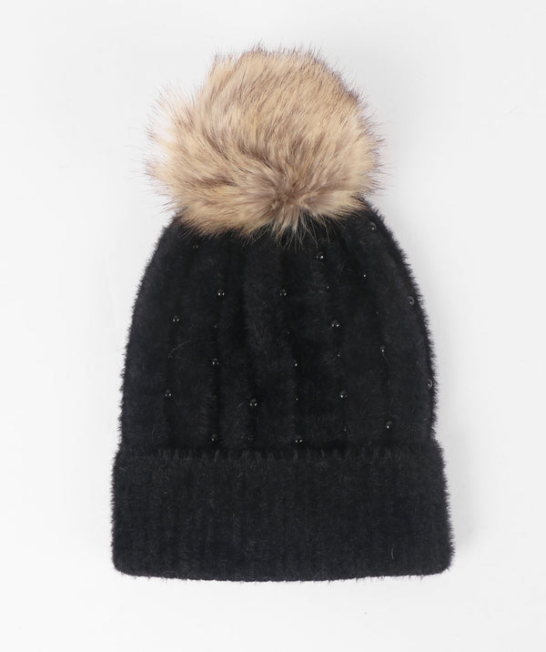 Soft Embellished Pom Pom Hat - Black - Accessories, Alora, Black, Hat, Winter Accessories
