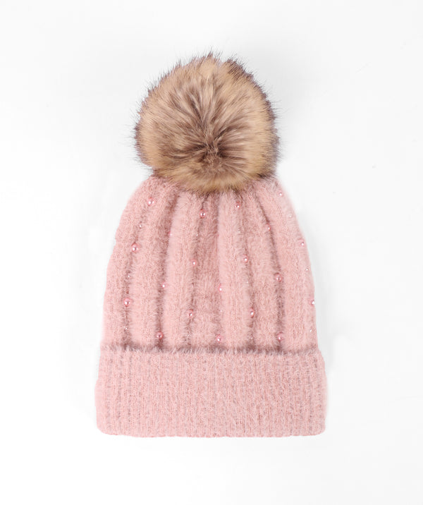 Alora - Pink Soft Embellished Pom Pom Hat