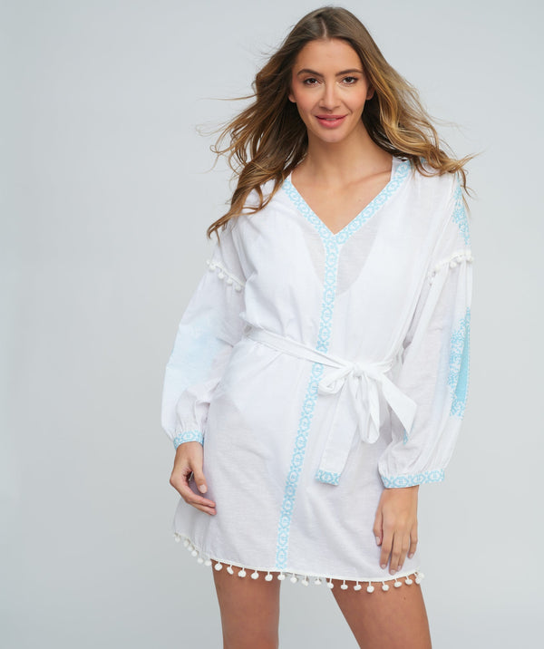 Amara - White Cotton Tunic with Blue Embroidery and Tie Belt