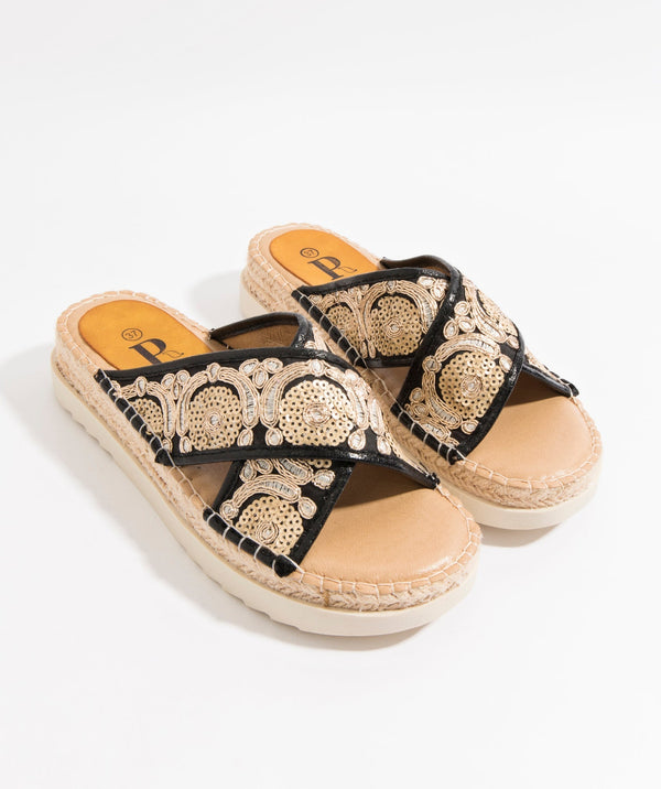 Black/Gold Embroidered Flatform Espadrilles with Crochet-Effect Toe