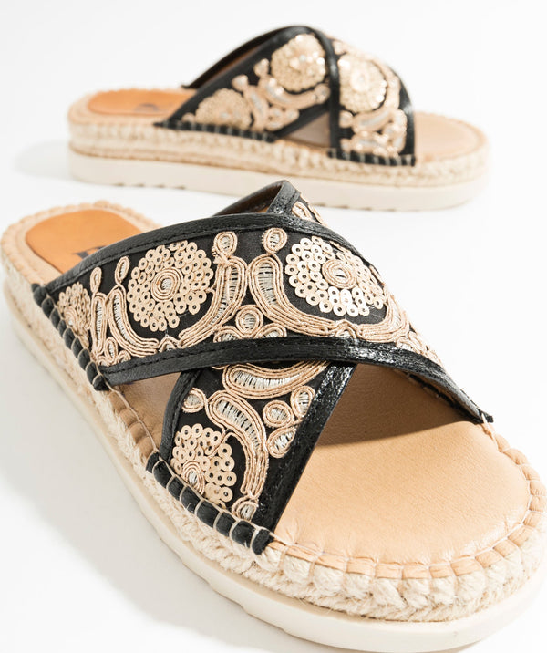 Black/Gold Embroidered Flatform Espadrilles with Crochet-Effect Toe