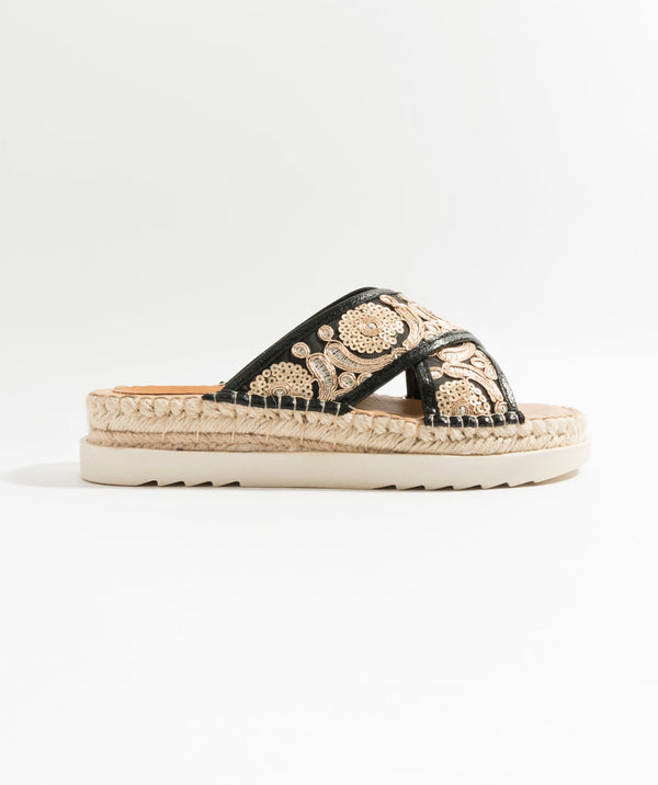 Black/Gold Embroidered Flatform Espadrilles with Crochet-Effect Toe