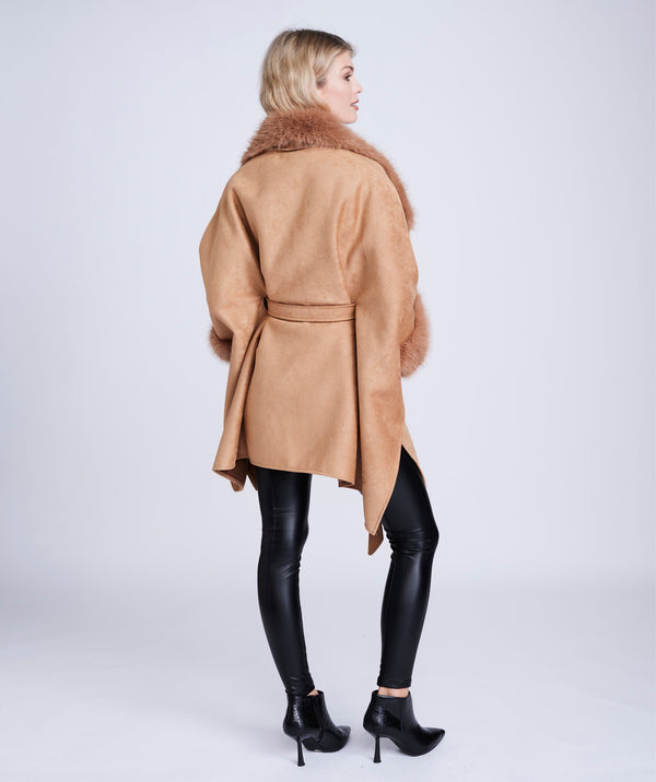 Ambrosia - Tan Faux Suede Wrap with Faux Fur Trim