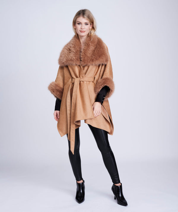 Ambrosia - Tan Faux Suede Wrap with Faux Fur Trim