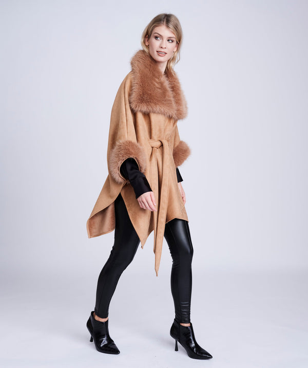 Ambrosia - Tan Faux Suede Wrap with Faux Fur Trim