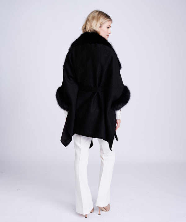 Black Faux Suede Wrap with Plush Faux Fur Trim