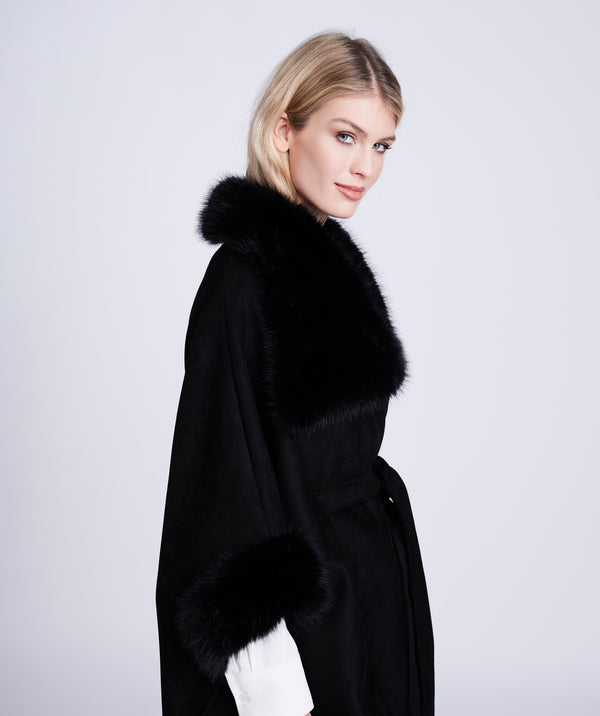 Black Faux Suede Wrap with Plush Faux Fur Trim