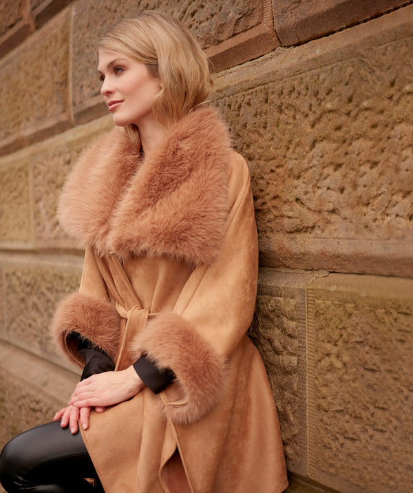 Ambrosia - Tan Faux Suede Wrap with Faux Fur Trim