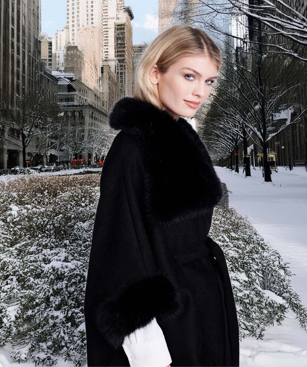 Ambrosia - Black Faux Suede Wrap with Faux Fur Trim