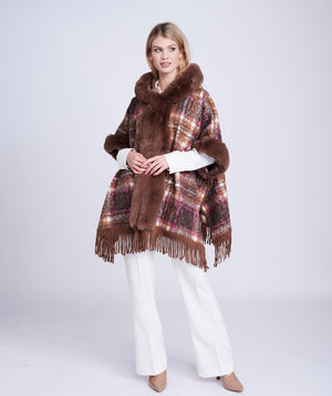 Taupe Textured Knit Wrap with Faux Fur Collar and Fringed Hemline