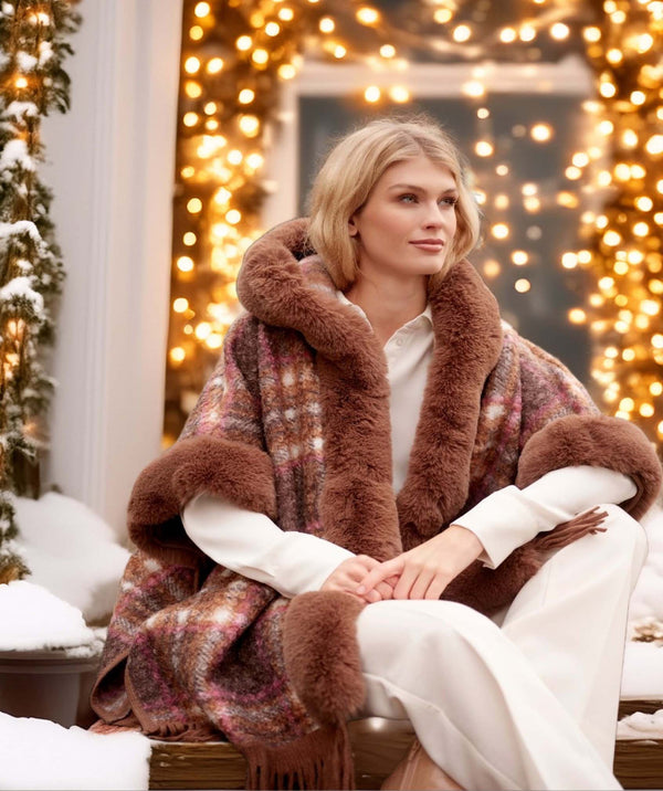 Amelia - Taupe Textured Wrap with Faux Fur Collar
