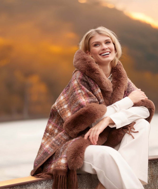 Amelia - Taupe Textured Wrap with Faux Fur Collar