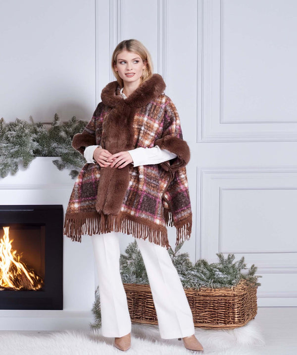 Amelia - Taupe Textured Wrap with Faux Fur Collar