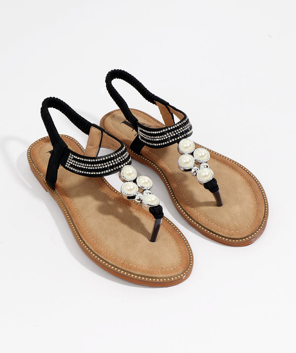 Black Pearl Embellished Toe Post Sandal with Sponge Sole