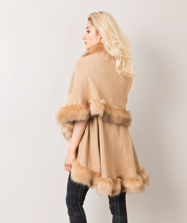Anabelle - Tan Soft Winter Wrap with Faux Fur Trim