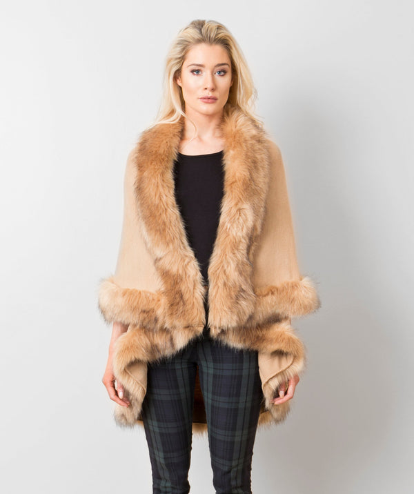 Anabelle - Tan Soft Winter Wrap with Faux Fur Trim