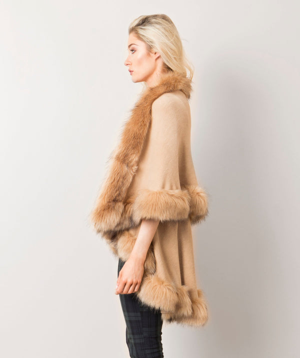 Anabelle - Tan Soft Winter Wrap with Faux Fur Trim
