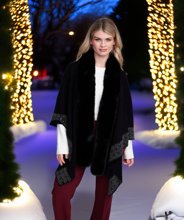 Analise - Black Rhinestone Wrap with Faux Fur Trim