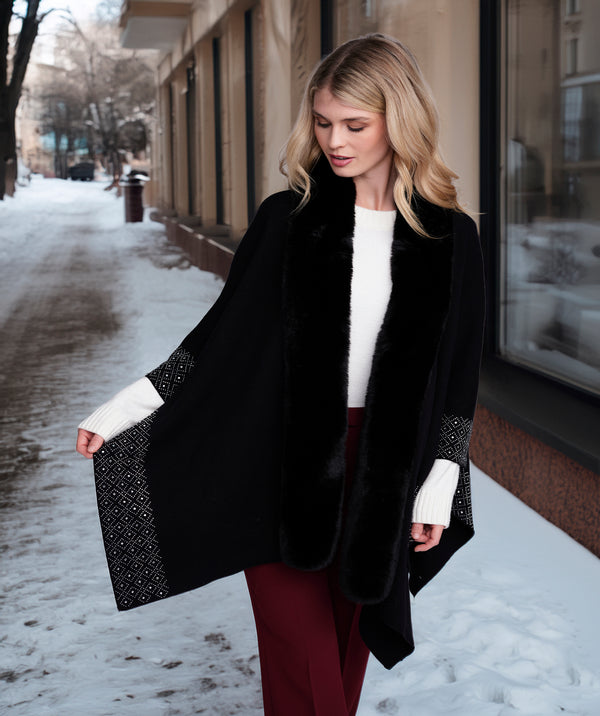 Analise - Black Rhinestone Wrap with Faux Fur Trim