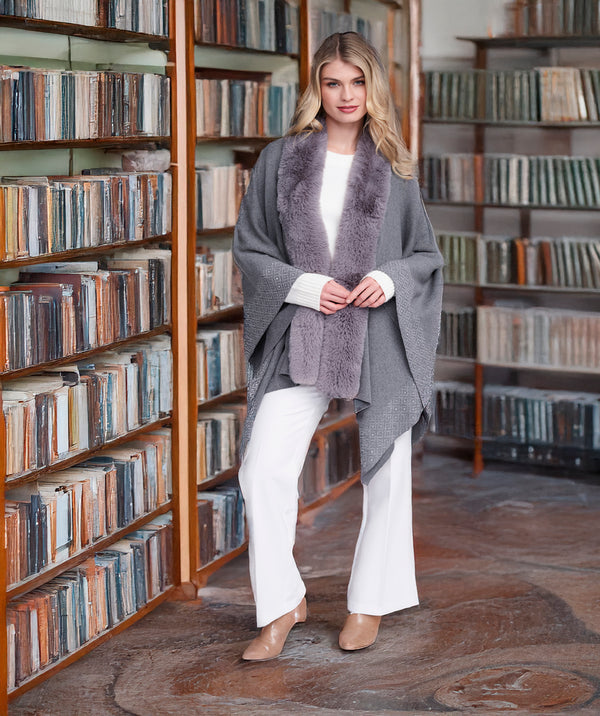 Analise - Silver Grey Rhinestone Wrap with Faux Fur Trim