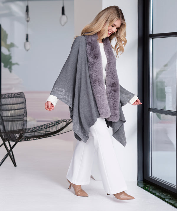 Analise - Silver Grey Rhinestone Wrap with Faux Fur Trim