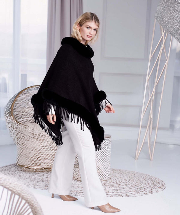 Angela - Black Fringed Poncho with Faux Fur Trim