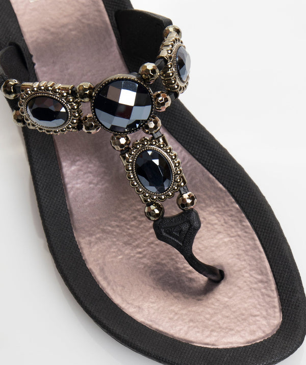 Black Wedged Pool Shoe with Non-Slip Sole and Glamorous Embellishments