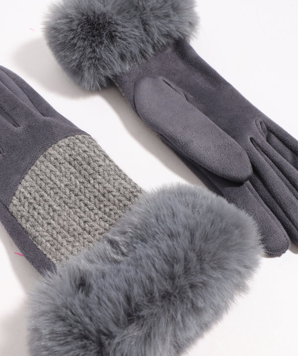 Silver Grey Cable Knit Aria Glove with Faux Fur Cuff