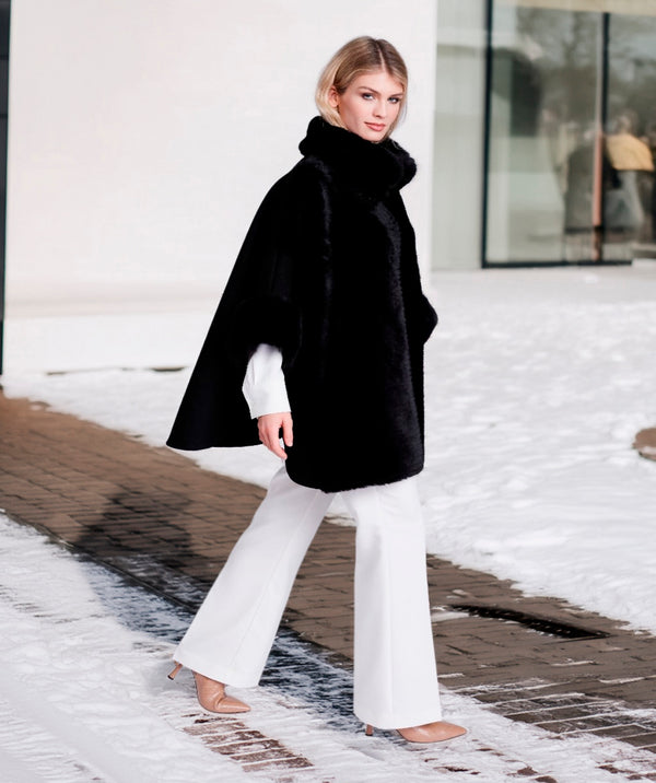 Ariana - Black Faux Suede Wrap with Plush Faux Fur Trim