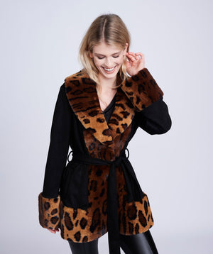 Black Leopard Faux Suede Wrap-Style Coat