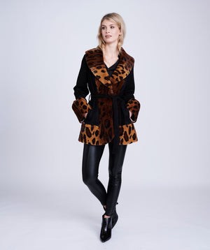 Black Leopard Faux Suede Wrap-Style Coat