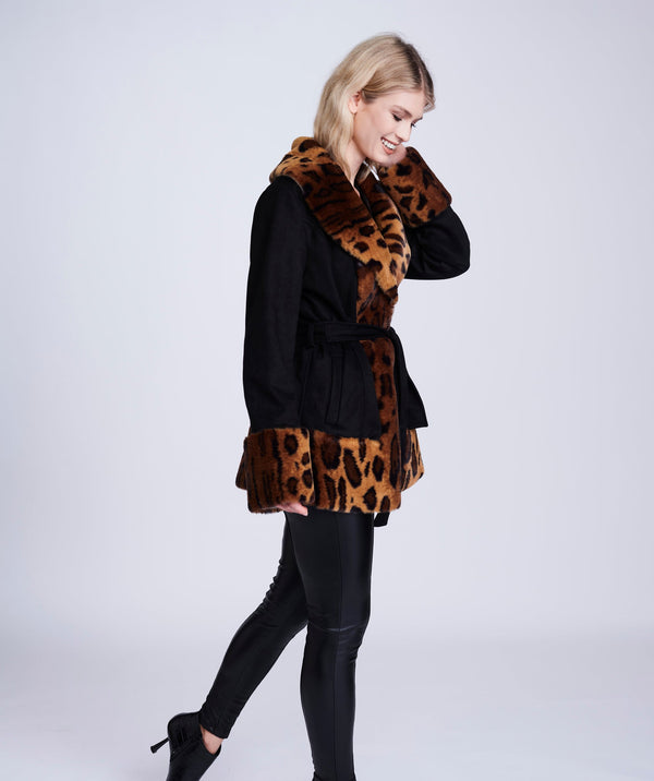 Black Leopard Print Faux Fur Coat with Shawl Collar