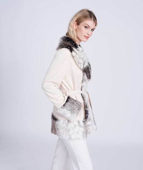 Snow Leopard Print Faux Fur Coat with Shawl Collar