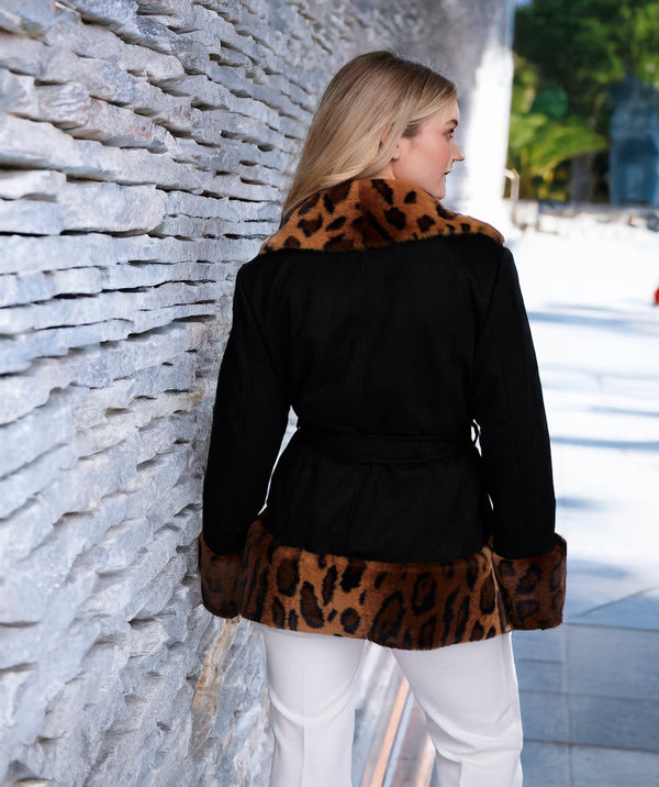 Ariella - Black Leopard Faux Suede Wrap-Style Coat
