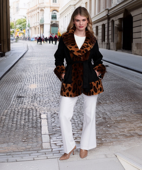 Ariella - Black Leopard Faux Suede Wrap-Style Coat