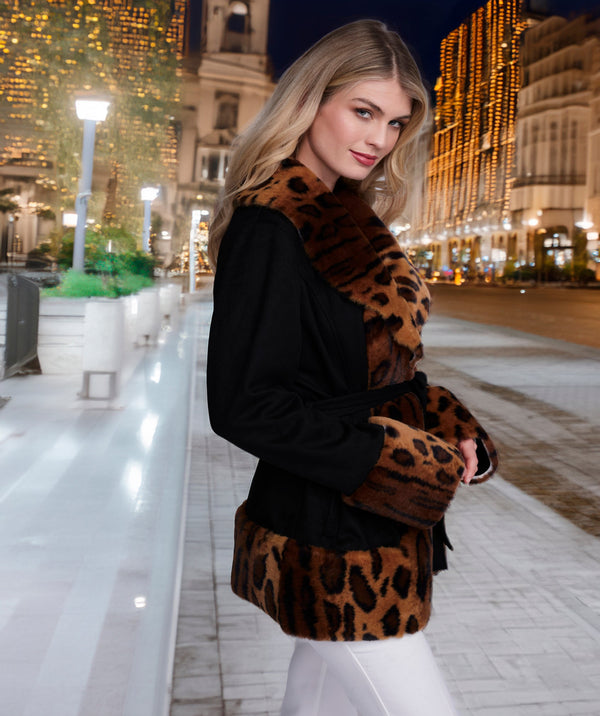 Ariella - Black Leopard Faux Suede Wrap-Style Coat