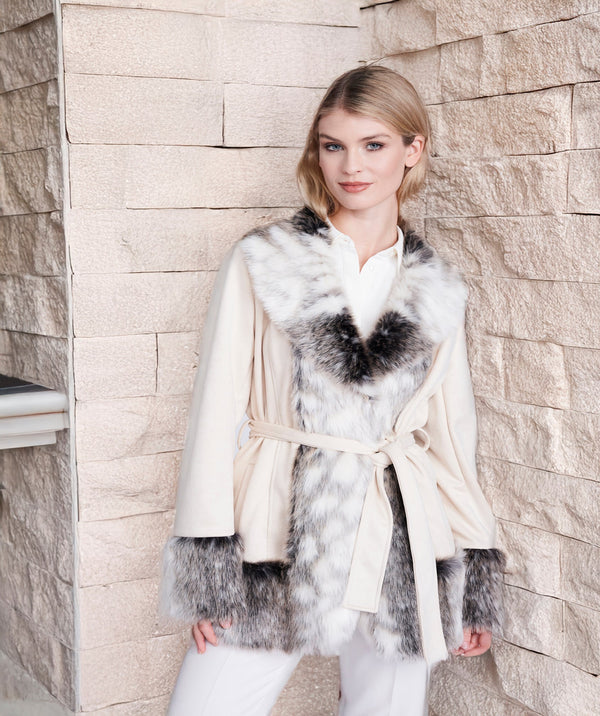 Ariella - Snow Leopard Faux Suede Wrap-Style Coat