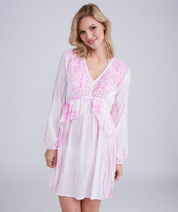 Pink Tie Dye Beach Dress with Embroidered Flowers and Beading