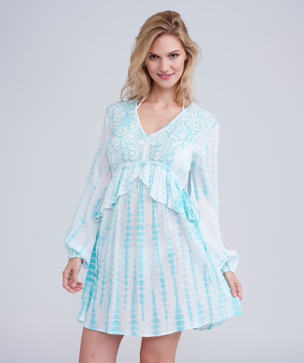 Pale Turquoise Tie Dye Beach Dress with Embroidered Flowers