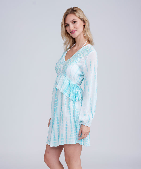 Pale Turquoise Tie Dye Beach Dress with Embroidered Flowers