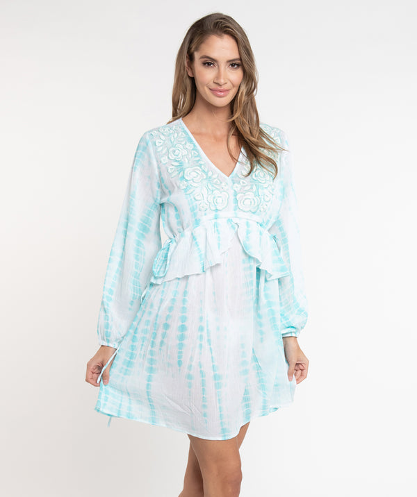 Turquoise Tie Dye Beach Dress with Embroidered Flowers