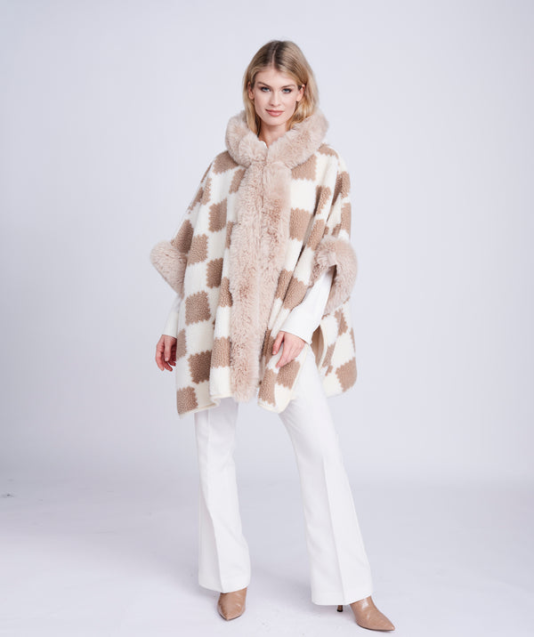 Almond/Beige Textured Knit Wrap with Faux Fur Collar