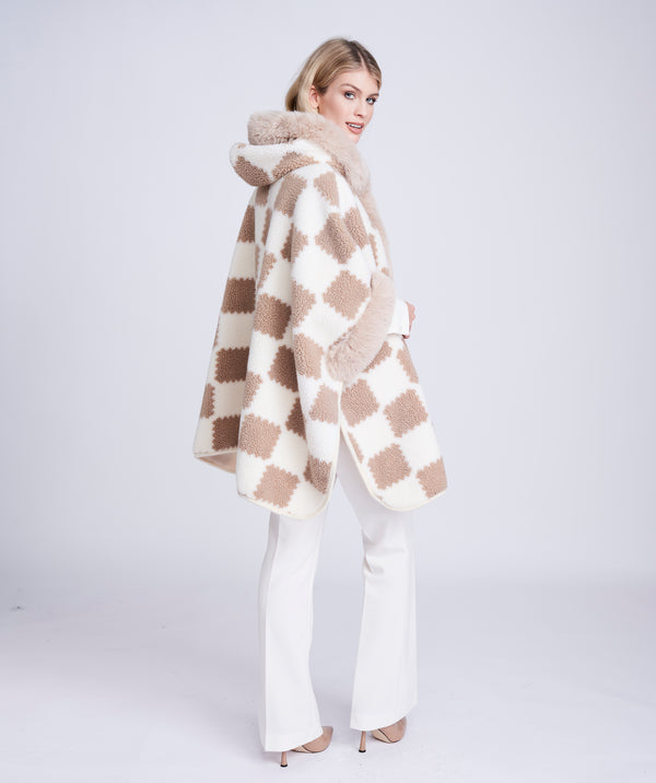 Almond/Beige Textured Knit Wrap with Faux Fur Collar