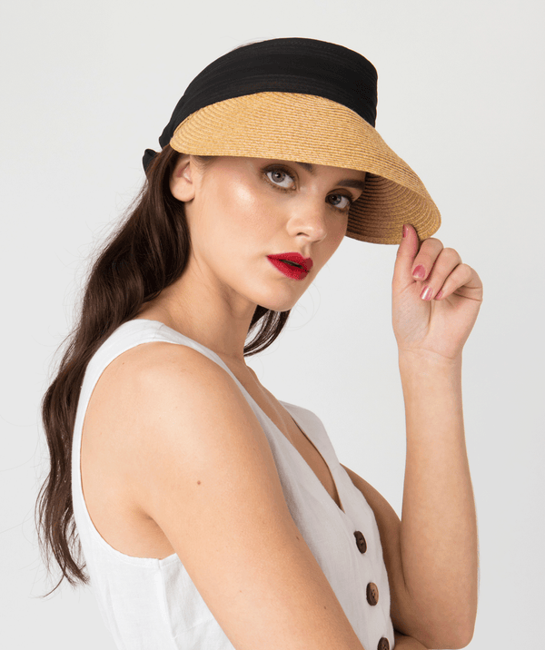 Augusta - Black Straw Roll-Up Visor with Chiffon Tie