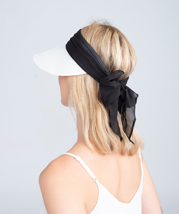 White/Black Straw Visor with Chiffon Tie and Velcro Fastening