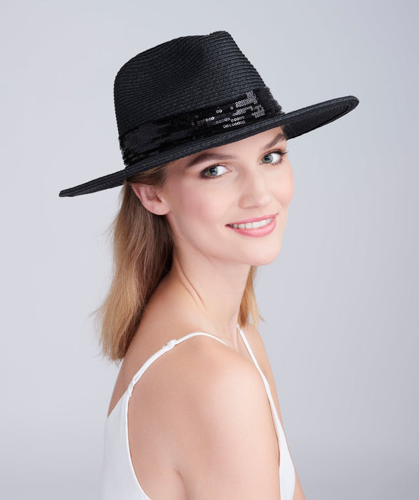 Aura - Black Straw Fedora Hat with Sequin Trim