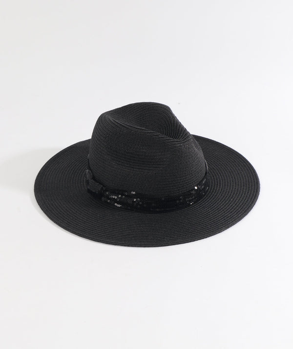 Black Straw Fedora Hat with Sequin Trim and Adjustable Size