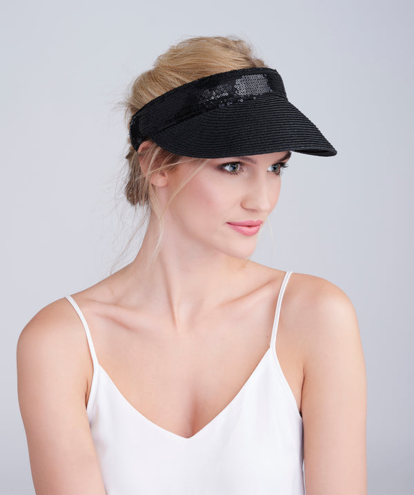 Black Straw Visor with Sparkling Sequin Trim and UPF 50 Sun Protection