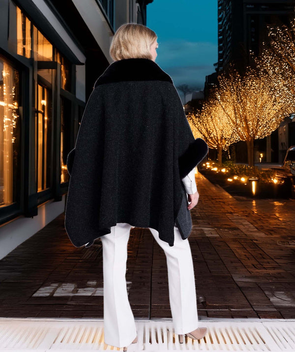Autumn - Black Faux Fur Trim Wrap with Half Length Sleeves